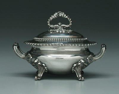 Appraisal: Old Sheffield sauce tureen oval with gadroon borders four scrolled