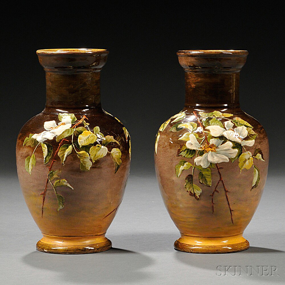 Appraisal: Pair of Doulton Lambeth Impasto Vases England decorated by Kate