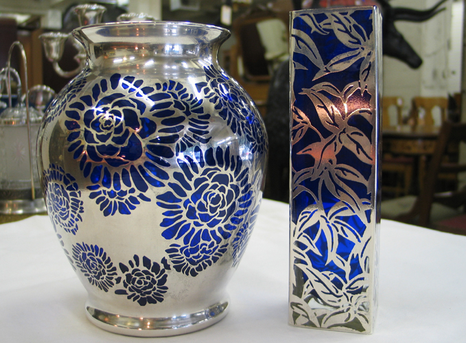 Appraisal: TWO COBALT BLUE GLASS SILVER OVERLAY VASES One in a