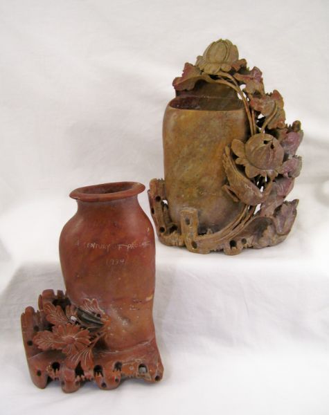 Appraisal: - Carved Soapstone Vases Includes Vase with bird and floral