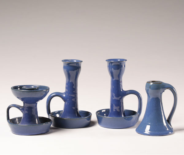 Appraisal: Waco Bybee blue art pottery candlesticks one pair and two