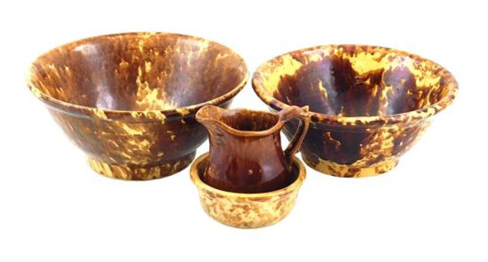 Appraisal: American Pottery Bennington type spongeware bowls and pitcher four pieces