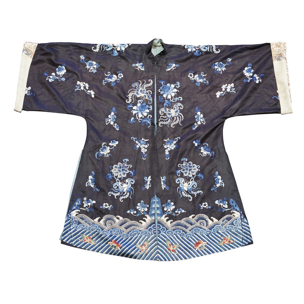 Appraisal: MIDNIGHT-BLUE-GROUND EMBROIDERED SILK LADY'S INFORMAL ROBE LATE TH EARLY TH