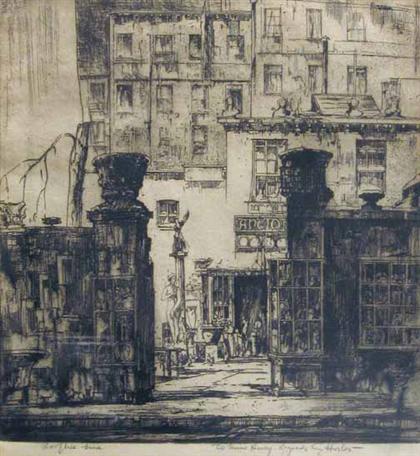 Appraisal: Earl Hortter City Scene- Antique Shop Pencil signed etching H