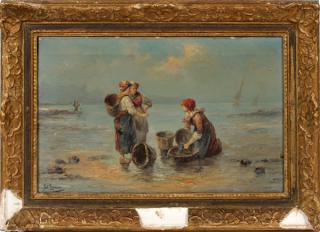 Appraisal: ED BAUM OIL ON CANVAS 'DUTCH WOMEN DIGGING CLAMS' ED