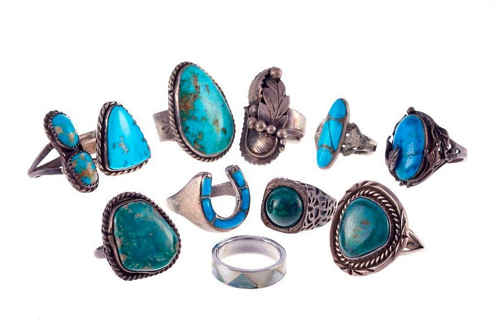 Appraisal: NAVAJO TURQUOISE RINGS Old Pawn Southwest jewelry consisting of a