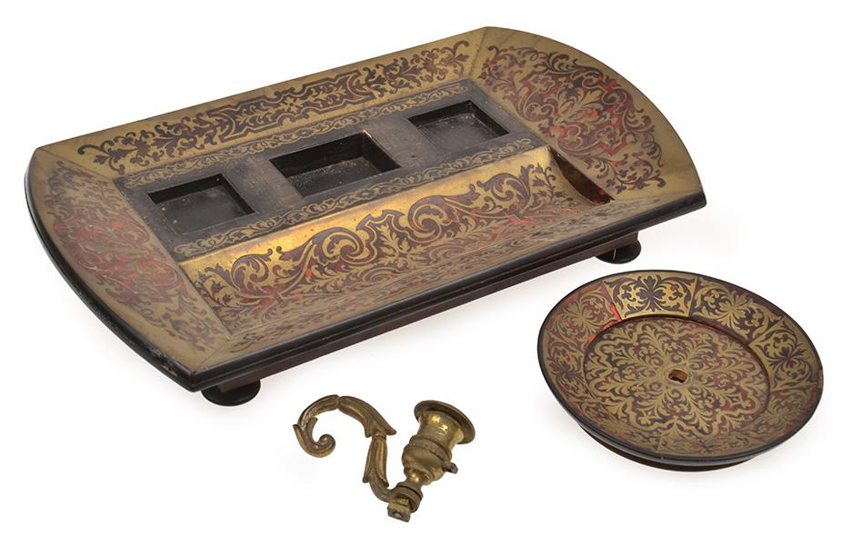 Appraisal: TH CENTURY FRENCH BOULLE AND BRASS INLAID INKWELL DESK SET