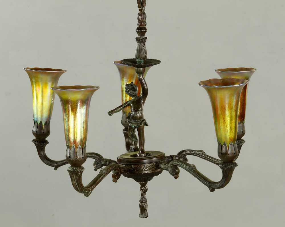 Appraisal: - Branch Chandelier Bronze Five branch chandelier bronze with iridescent