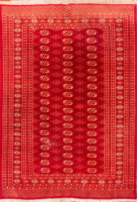 Appraisal: VINTAGE RED WOOL BOKHARA RUG Vintage red wool Bokhara carpet