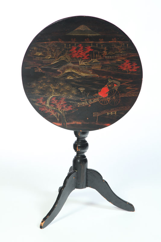 Appraisal: DECORATED TILT-TOP CANDLESTAND China th century mixed woods Of typical