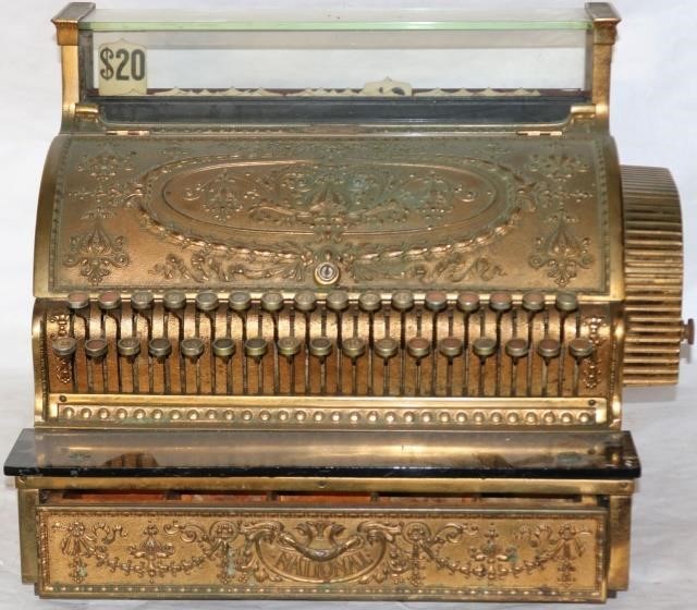 Appraisal: ORNATE BRASS NATIONAL CASH REGISTER MISSING OAKBASE DRAWER OPENS BACK