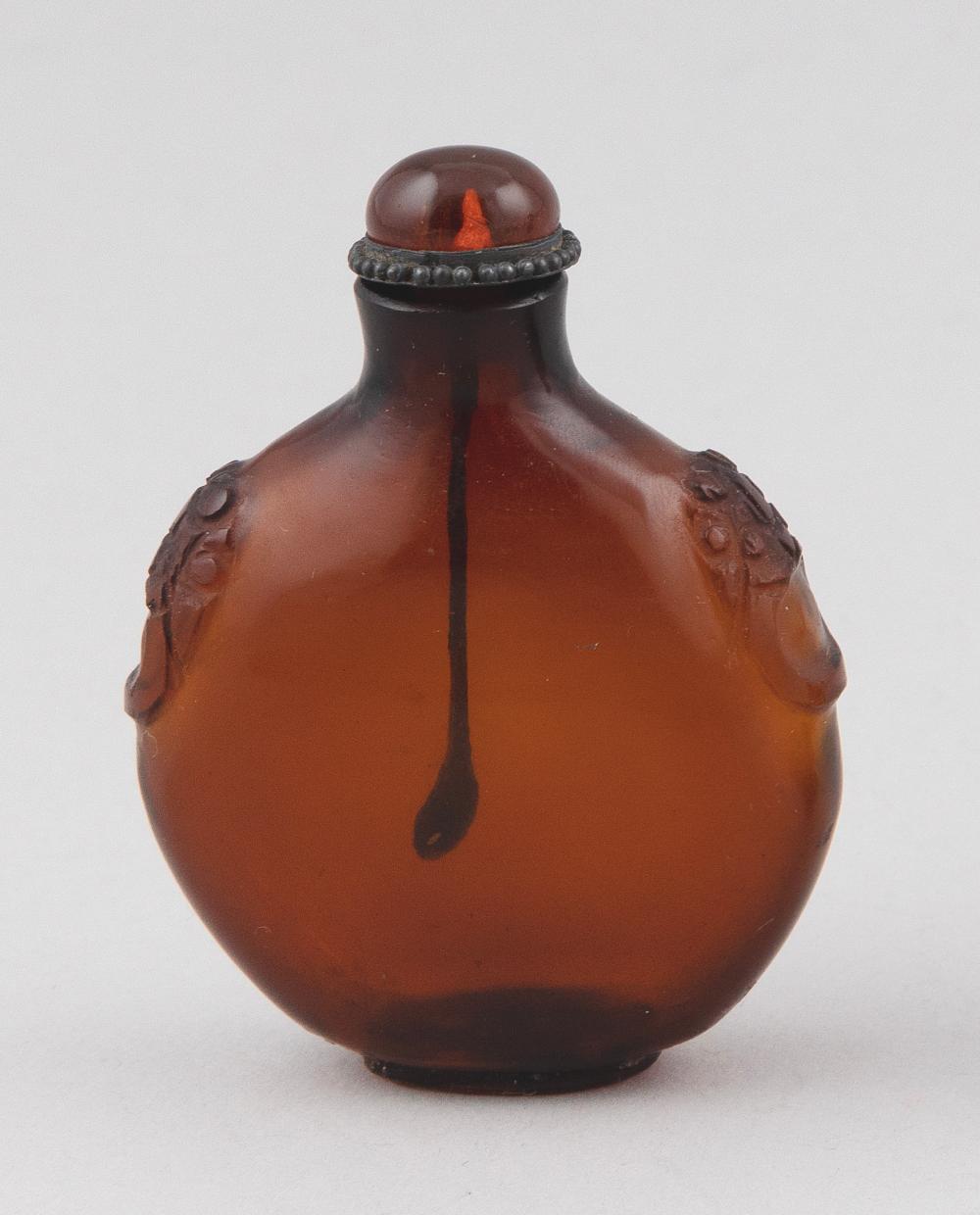 Appraisal: CHINESE AMBER GLASS SNUFF BOTTLE TH CENTURY HEIGHT CHINESE AMBER