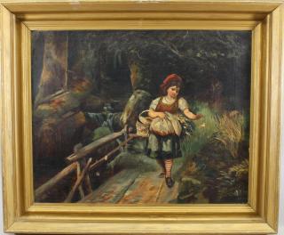 Appraisal: th C Painting of Girl Walking Through Forest th C