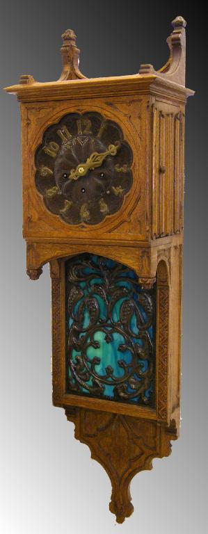 Appraisal: Interesting oak Arts Crafts three train wall clock the planished