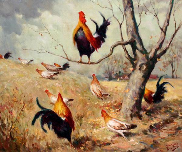 Appraisal: WILBUR Lawrence American - Roosters and Chickens in a Landscape