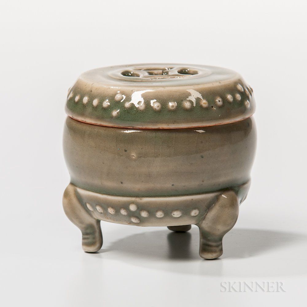 Appraisal: Small Celadon-glazed Drum-shape Box and Cover Small Celadon-glazed Drum-shape Box