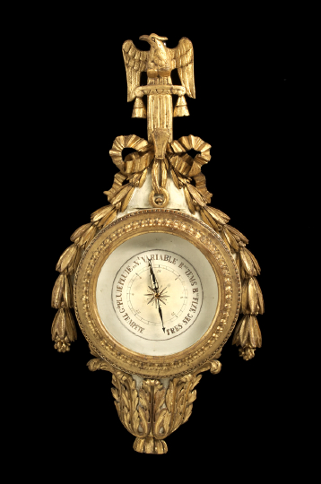 Appraisal: Attractive French Blanc-de-Trianon-Painted and Carved Giltwood Wall Barometer first quarter