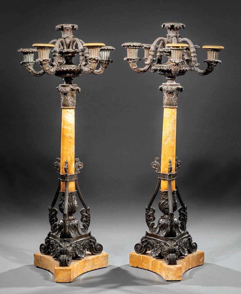 Appraisal: Pair of Louis Philippe Bronze and Sienna Marble Six-Light Candelabra