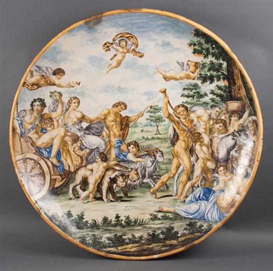 Appraisal: Italian majolica charger depicting Triumph of Bacchus and Ariadne after