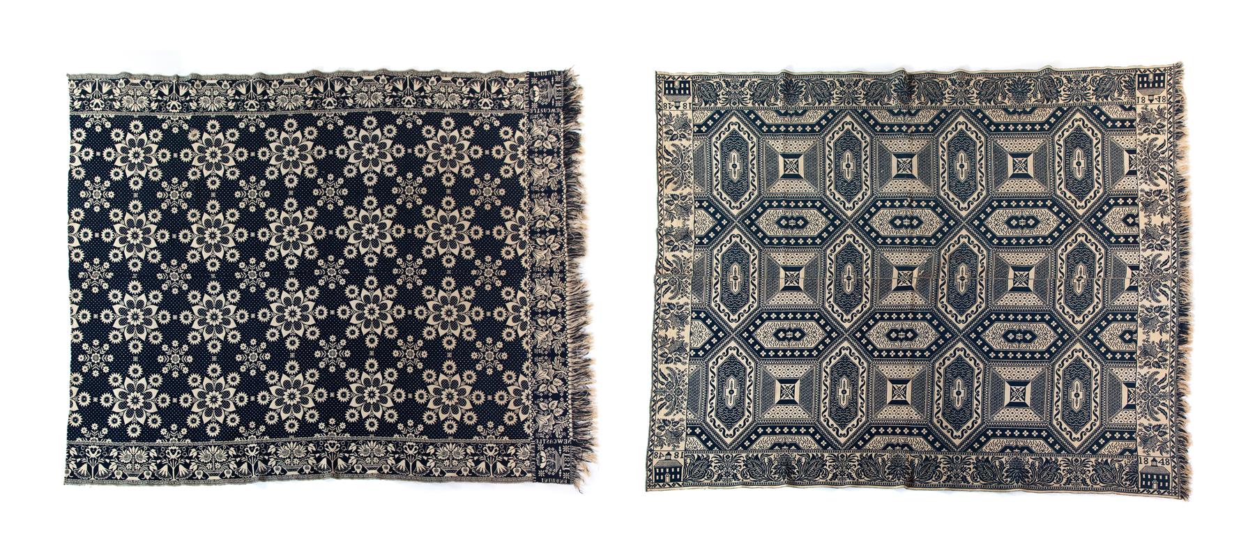 Appraisal: TWO INDIANA JACQUARD COVERLETS Wool and cotton Two-piece in blue