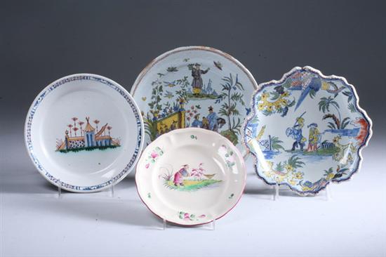 Appraisal: FOUR FRENCH FA ENCE CHINOISERIE PLATES One Moulins centered with