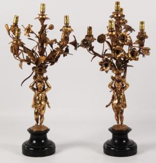 Appraisal: PAIR OF DORE GILT BRONZE LIGHT CANDELABRA HAVING FLORAL BOUQUET