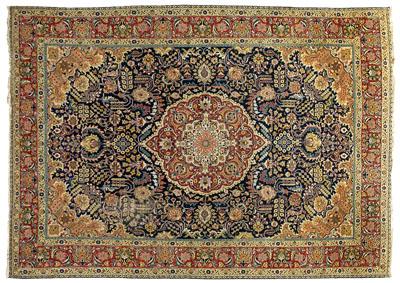 Appraisal: Tabriz rug ivory and burgundy central medallion on dark blue