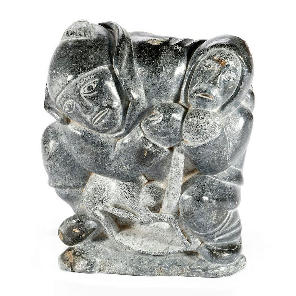 Appraisal: An Inuit Stone Sculpture Isaaki Qurqak Padlayat Struggling Hunters Height