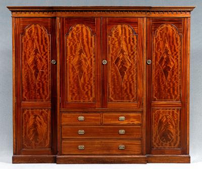 Appraisal: George III style breakfront mahogany inlaid ogee molded dentil and