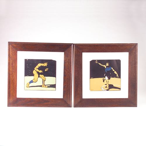 Appraisal: ARTS CRAFTS Two color chromolithographs of sports Backing Up the