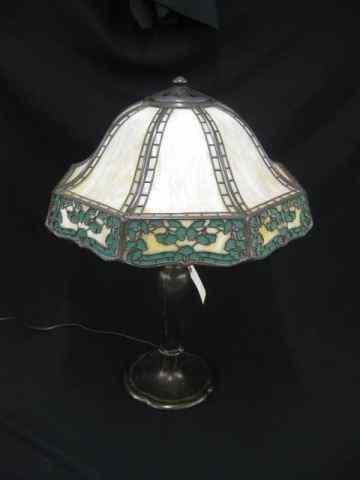 Appraisal: Handel Slag Glass Lamp with metal overlay panel curved umbrella