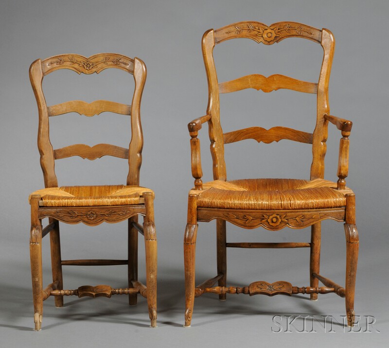 Appraisal: Ten Assembled French Provincial-style Fruitwood Chairs with Rush Seats th