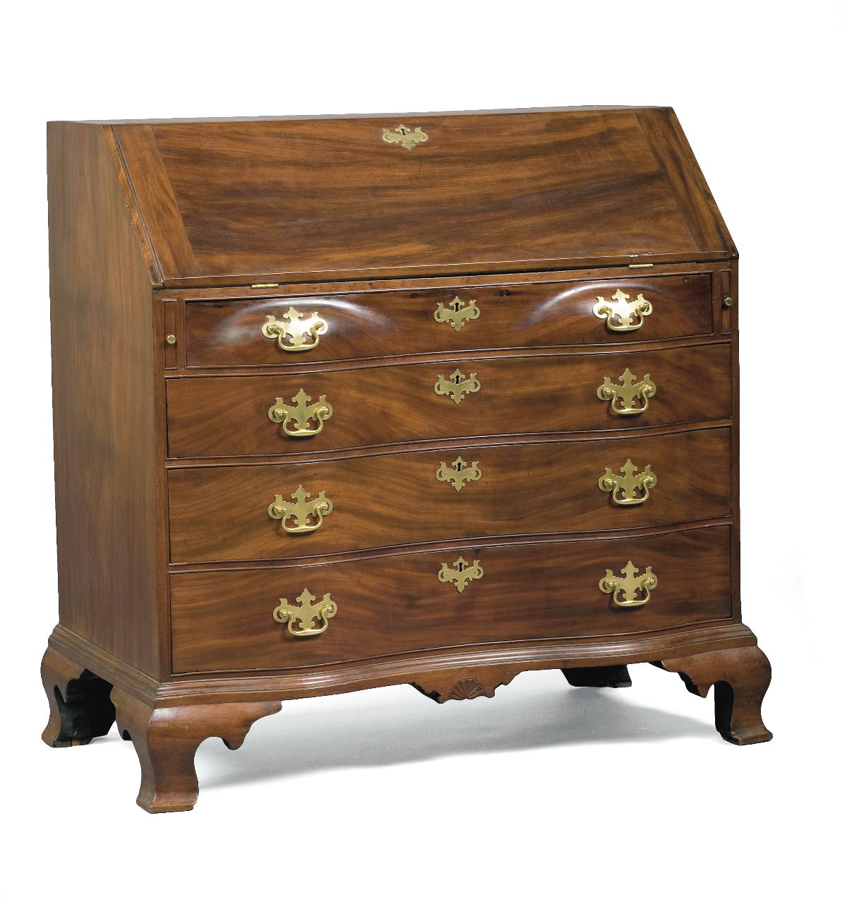 Appraisal: MASSACHUSETTS CHIPPENDALE REVERSE-SERPENTINE CARVED MAHOGANY DESK The rectangular slant-lid with