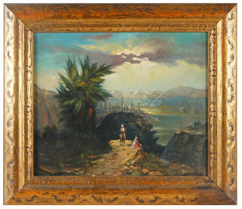 Appraisal: UNKNOWN ARTIST ORIENTALIST LANDSCAPE PAINTINGoil on canvas signed illegibly lower