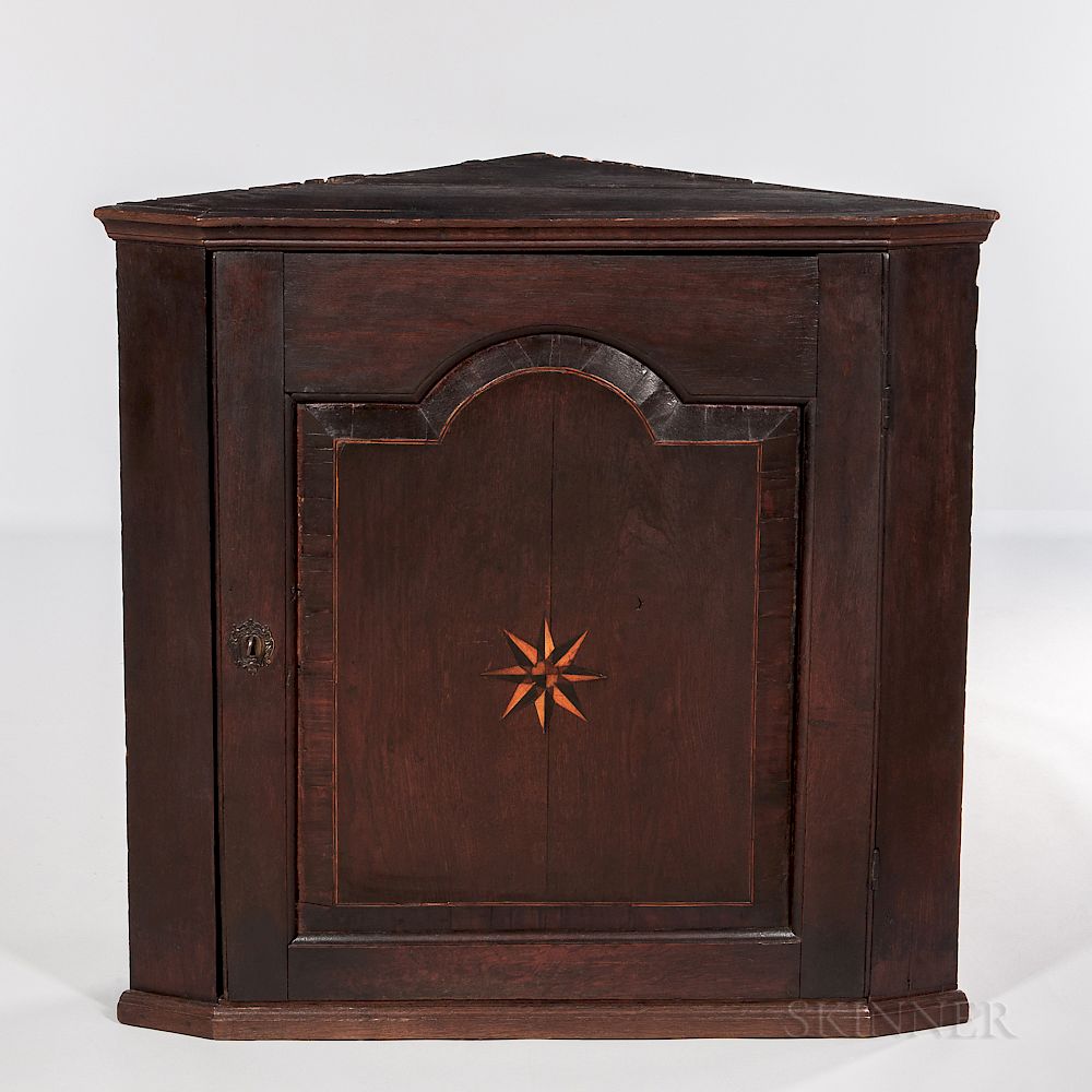 Appraisal: Small Oak Compass Star-inlaid Hanging Corner Cupboard Small Oak Compass