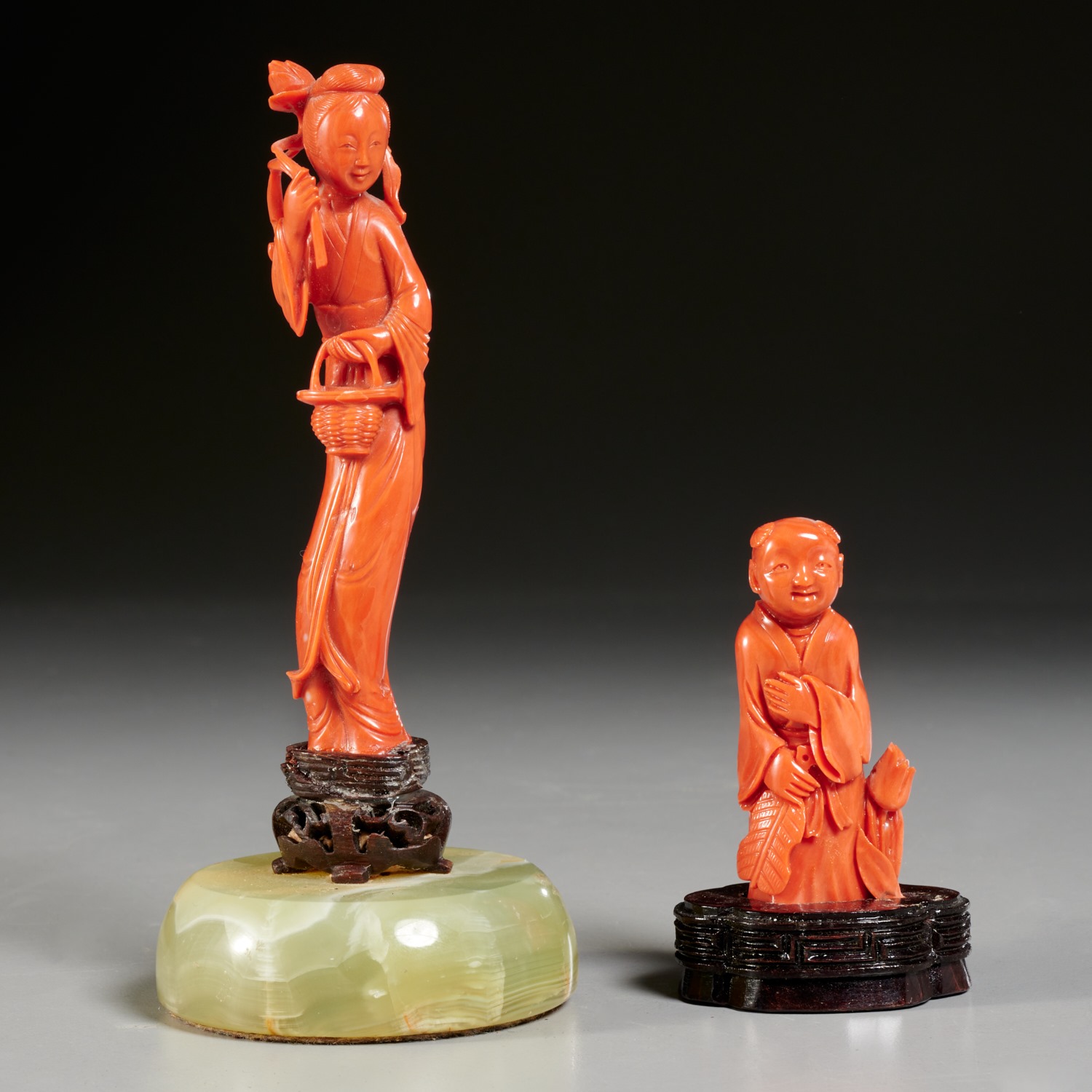 Appraisal: CHINESE CARVED CORAL FIGURES Likely Qing Dynasty th c the