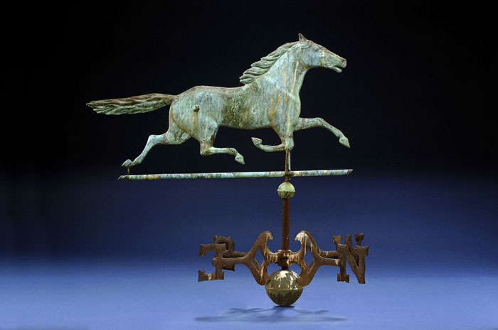 Appraisal: AMERICAN RUNNING HORSE FULL-BODIED COPPER WEATHERVANE WI TH DIRECTIONALS Mounted