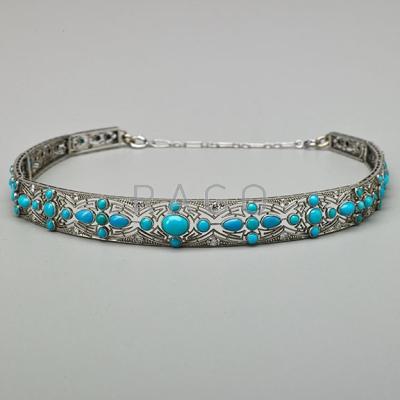 Appraisal: EDWARDIAN TORQUOISE AND DIAMOND PLATINUM BANDEAU Flexible tapered strap with