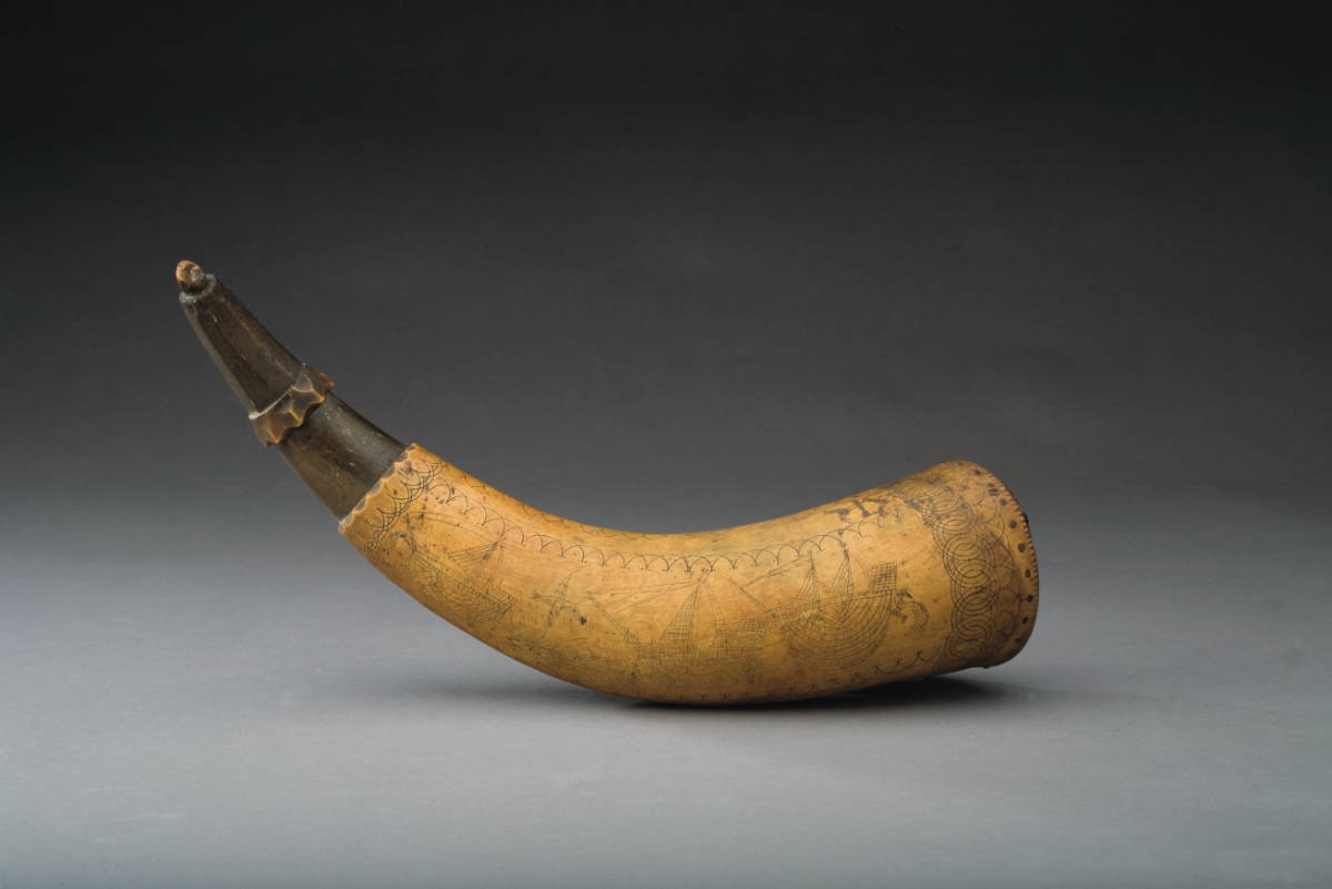 Appraisal: NEW HAMPSHIRE ENGRAVED POWDER HORN WITH SAILING SHIPS AND SACRED