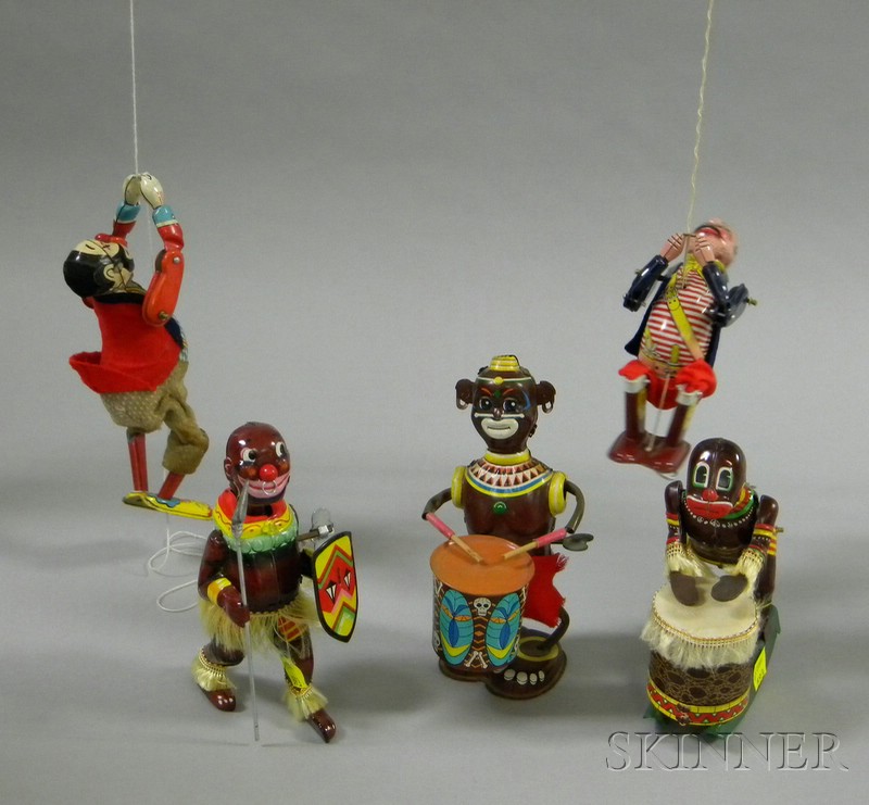 Appraisal: Five Lithographed Tin Clockwork Toys two Line-Mar native drummers a