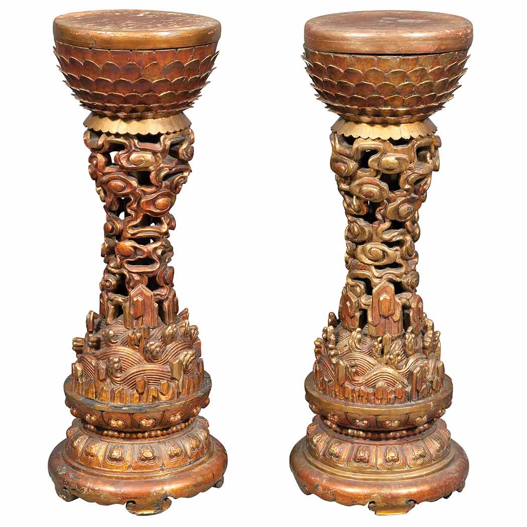 Appraisal: Pair of Chinese Giltwood Incense Stands th Century Each entirely