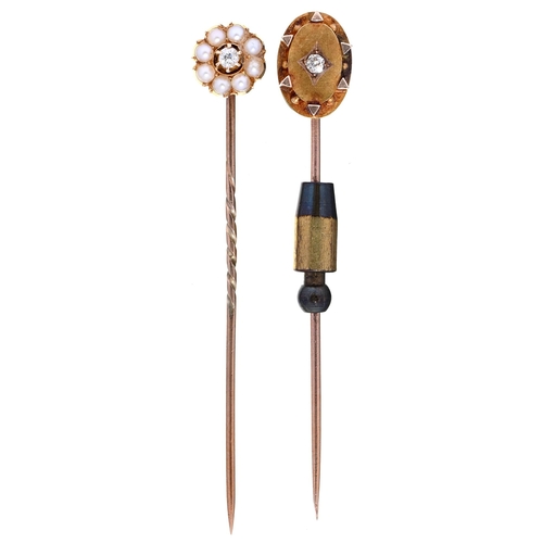 Appraisal: Two Edwardian stickpins with diamond or diamond and split pearl