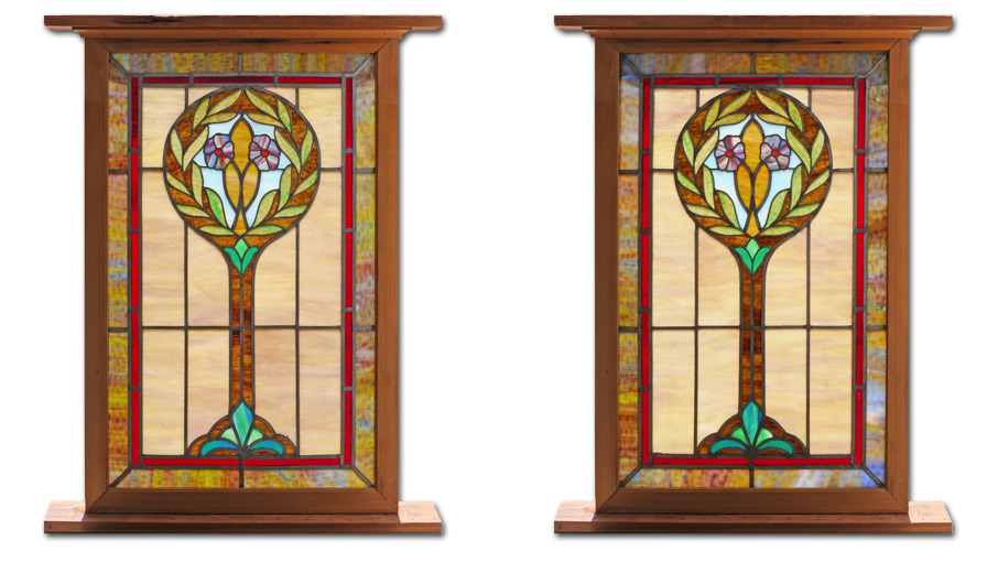 Appraisal: PAIR STAINED GLASS WINDOWS Slag glass panels with flowers in