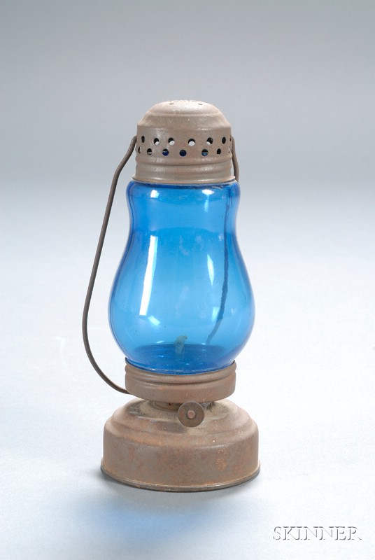 Appraisal: JEWEL Blue Glass and Tin Skater's Lamp America late th