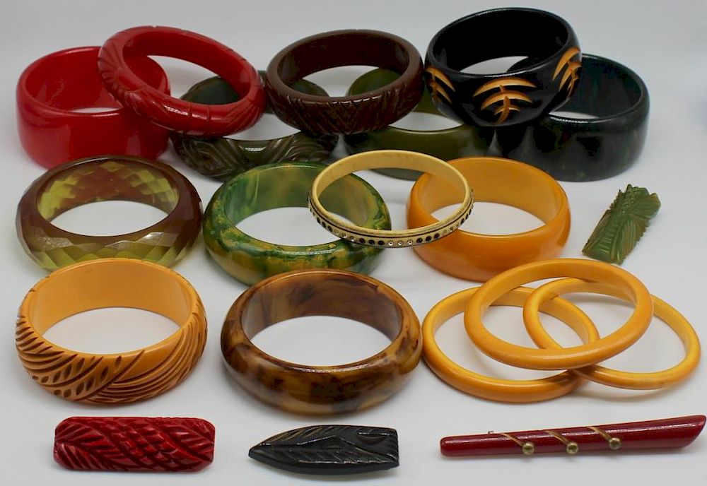 Appraisal: JEWELRY Grouping of Vintage Bakelite Jewelry Includes carved Bakelite bracelets