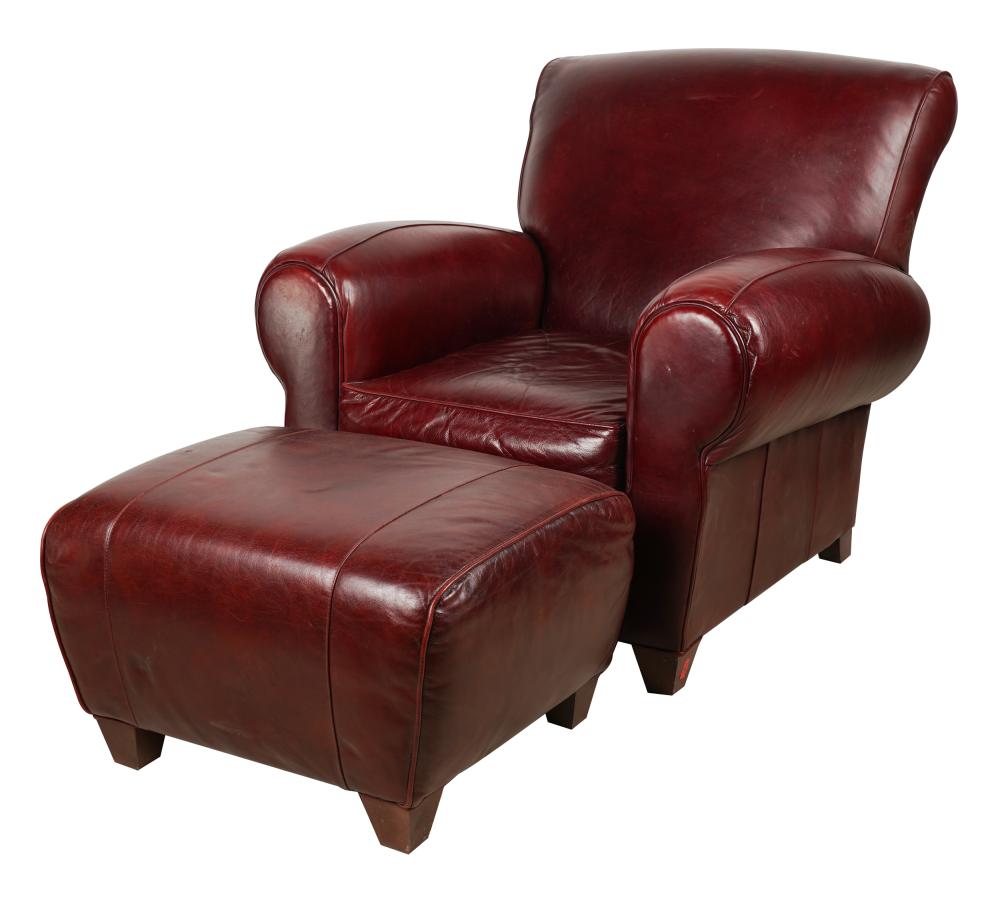 Appraisal: BURGUNDY LEATHER CHAIR OTTOMANwith label Made Exclusively for Pottery Barn