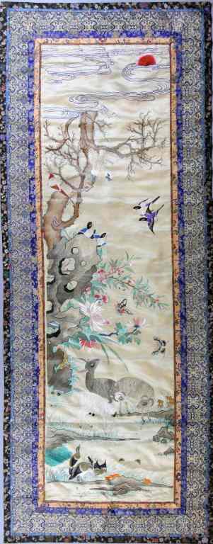 Appraisal: Chinese Qing Silk Embroidery PanelFinely made to depict three rams