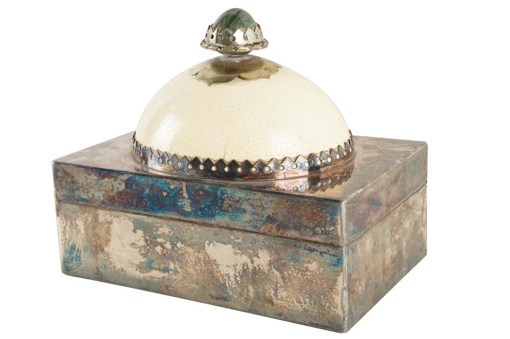 Appraisal: OSTRICH EGG-MOUNTED SILVER-PLATE DRESSER BOXwith stone finial Condition hairline cracks