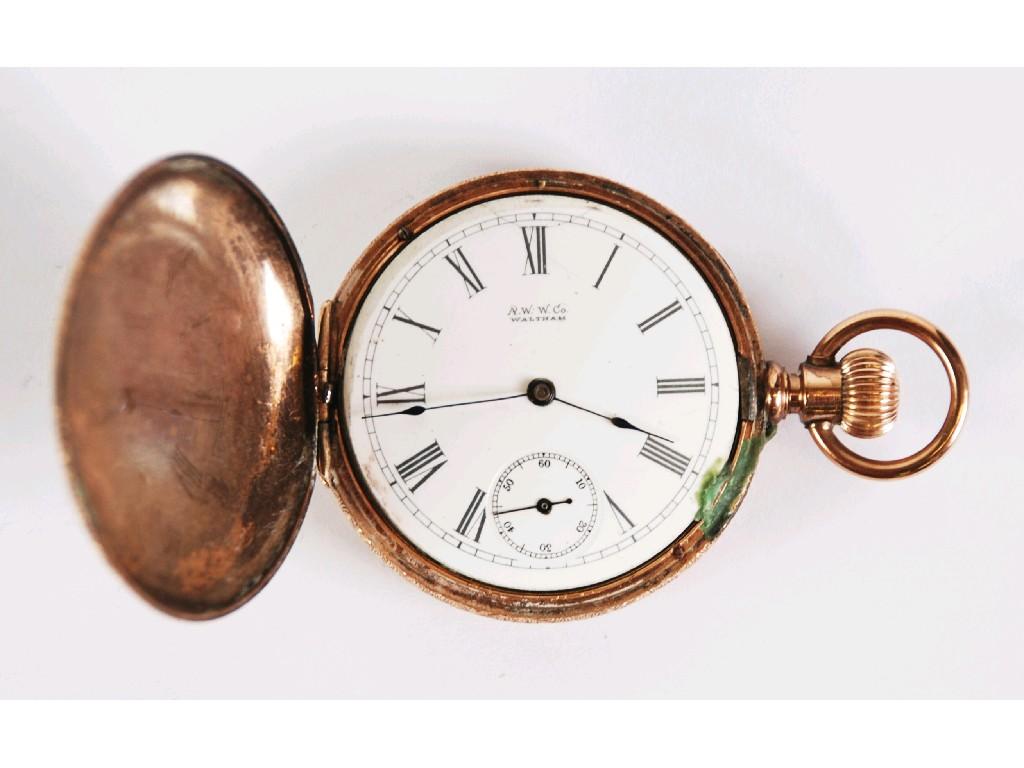 Appraisal: WALTHAM ROLLED GOLD HUNTER POCKET WATCH with keyless movement white