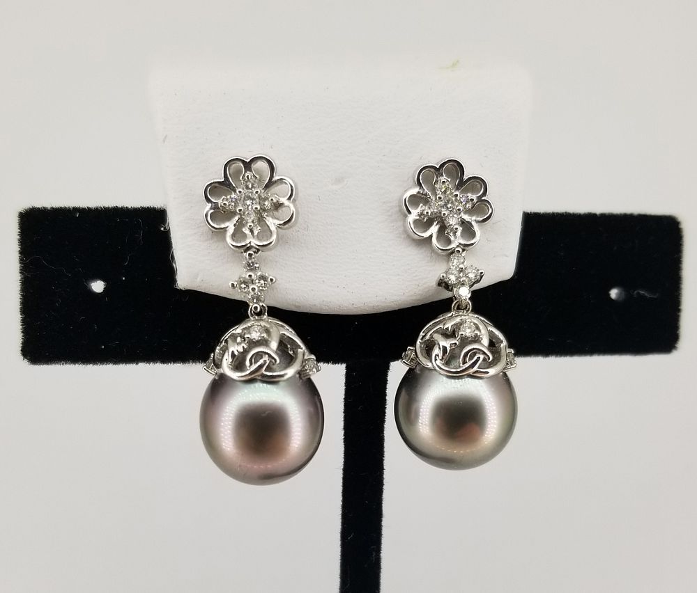 Appraisal: K Tahitian Pearl Diamond Earrings K Tahitian Pearl Diamond Earrings